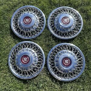 Vintage Cadillac Wire Spoke Hubcaps 4pc Set RED Center Chrome Wheel Covers